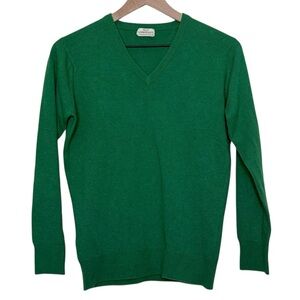 Vintage Hills House Cashmere Green V-Neck Sweater 100% Lambswool Small